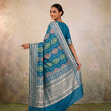Blue Banarasi Silk Saree with Silver Zari Floral Border and Multicolour Traditional Motifs