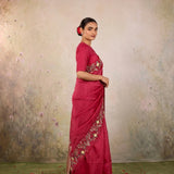 Raspberry Pink Floral Machine Embroidery Organza Saree