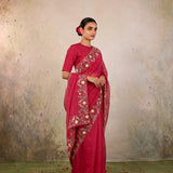 Raspberry Pink Floral Machine Embroidery Organza Saree