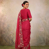 Raspberry Pink Floral Machine Embroidery Organza Saree