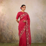 Raspberry Pink Floral Machine Embroidery Organza Saree
