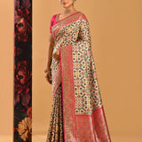 Ivory Patola Print Silk Saree With Rani Pink Zardozi  Embroidery Border