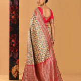 Ivory Patola Print Silk Saree With Rani Pink Zardozi  Embroidery Border