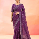 Mulberry Purple Wavy Sequin Hand Embroidery Georgette Saree