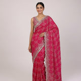 Hot Pink Printed Mushru Crepe Saree with Bandhini & Silver Sequin Embellishments
