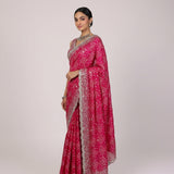 Hot Pink Printed Mushru Crepe Saree with Bandhini & Silver Sequin Embellishments