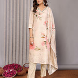 Cream Floral Printed Chanderi Kurta Set
