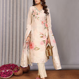 Cream Floral Printed Chanderi Kurta Set