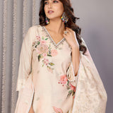 Cream Floral Printed Chanderi Kurta Set