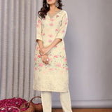 Off-White Floral Printed Chanderi Kurta Set