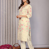 Off-White Floral Printed Chanderi Kurta Set