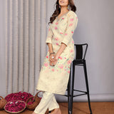Off-White Floral Printed Chanderi Kurta Set