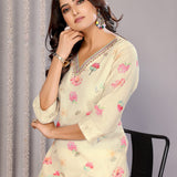 Off-White Floral Printed Chanderi Kurta Set