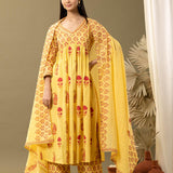Yellow Block Printed Cotton Cambric Gathered Kurti Set