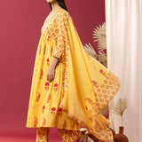 Yellow Block Printed Cotton Cambric Gathered Kurti Set