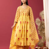 Yellow Block Printed Cotton Cambric Gathered Kurti Set