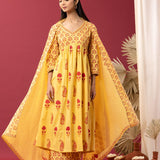 Yellow Block Printed Cotton Cambric Gathered Kurti Set
