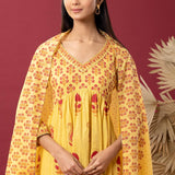 Yellow Block Printed Cotton Cambric Gathered Kurti Set