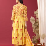 Yellow Block Printed Cotton Cambric Gathered Kurti Set