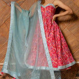 Coral Pink Floral Printed Cotton Bustier Anarkali Set With Sky Blue Dupatta
