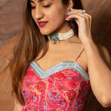 Coral Pink Floral Printed Cotton Bustier Anarkali Set With Sky Blue Dupatta