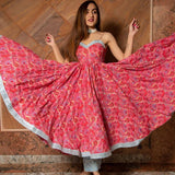Coral Pink Floral Printed Cotton Bustier Anarkali Set With Sky Blue Dupatta