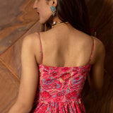 Coral Pink Floral Printed Cotton Bustier Anarkali Set With Sky Blue Dupatta