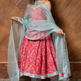 Coral Pink Floral Printed Cotton Bustier Anarkali Set With Sky Blue Dupatta