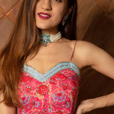 Coral Pink Floral Printed Cotton Bustier Anarkali Set With Sky Blue Dupatta