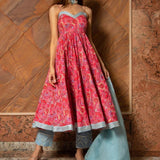 Coral Pink Floral Printed Cotton Bustier Anarkali Set With Sky Blue Dupatta