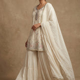 Off-White Embroidered Sharara Set With Floral Accents