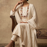 Off-White Silk Blend Embroidered Kurta Set