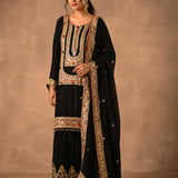 Black Gold Zardozi Embroidered Gharara Suit With Pom-Pom Trim