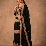 Black Gold Zardozi Embroidered Gharara Suit With Pom-Pom Trim
