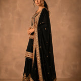 Black Gold Zardozi Embroidered Gharara Suit With Pom-Pom Trim