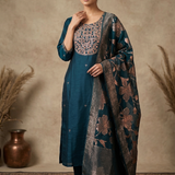 Midnight Blue Embroidered Dupion Silk Kurta Set