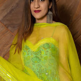 Turquoise Floral Printed Cotton Anarkali Set With Lime Green Bodice