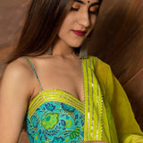 Turquoise Floral Printed Cotton Anarkali Set With Lime Green Bodice