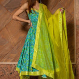 Turquoise Floral Printed Cotton Anarkali Set With Lime Green Bodice