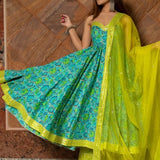 Turquoise Floral Printed Cotton Anarkali Set With Lime Green Bodice