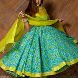 Turquoise Floral Printed Cotton Anarkali Set With Lime Green Bodice