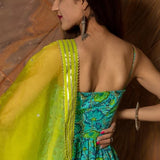 Turquoise Floral Printed Cotton Anarkali Set With Lime Green Bodice