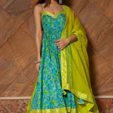 Turquoise Floral Printed Cotton Anarkali Set With Lime Green Bodice