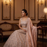 Champagne Peach Sequin Embroidered Bridal Lehenga Set With Scalloped Jaal Design