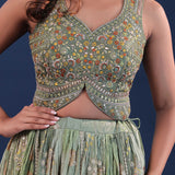 Pista Green Chinon Georgette Crush Lehenga Set