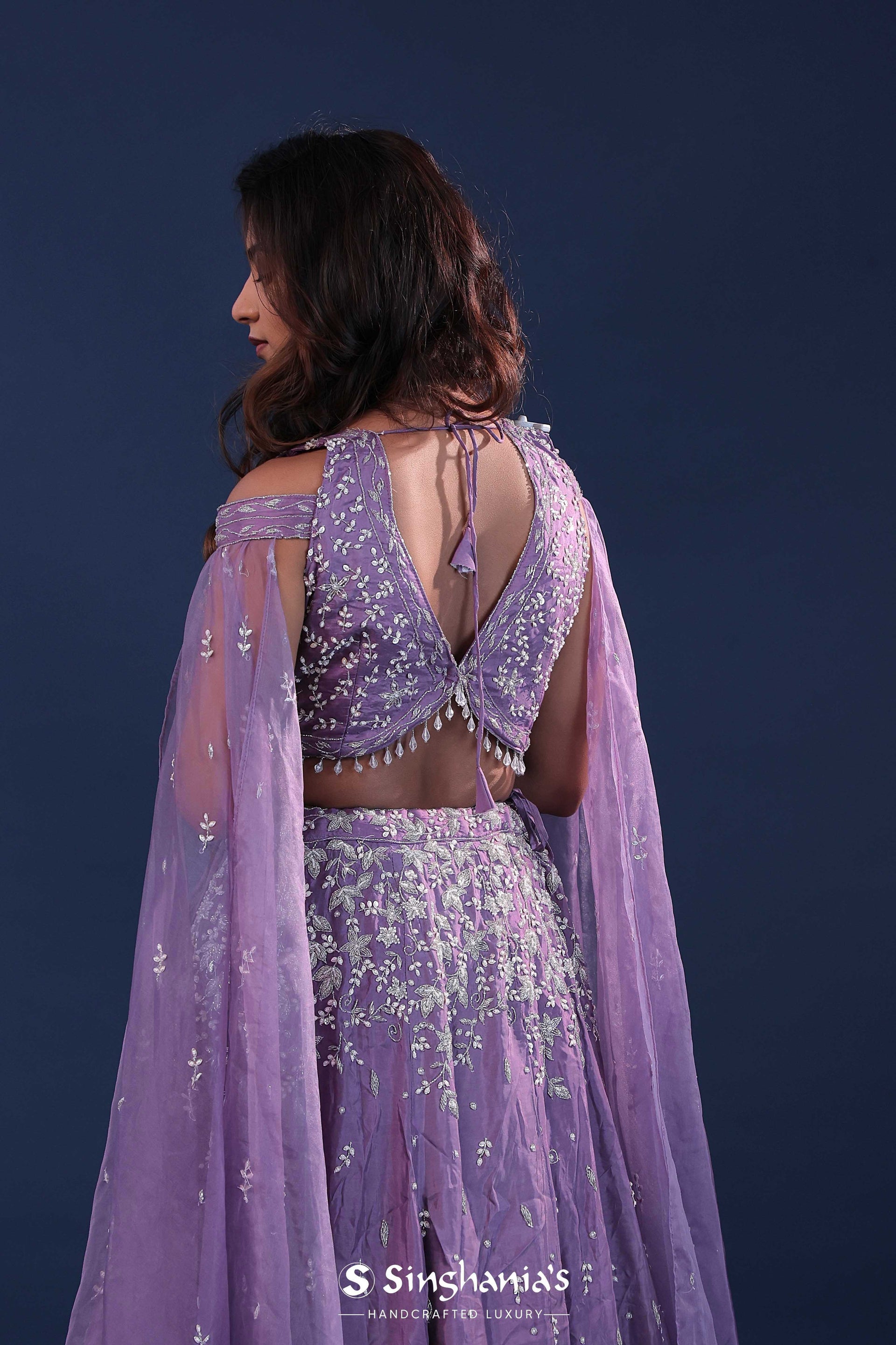 <img> Amethyst Purple Crepe Lehenga Set With Organza Slit