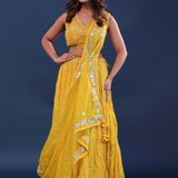 Cyber Yellow Crushed Georgette Lehenga Set With Organza Dupatta
