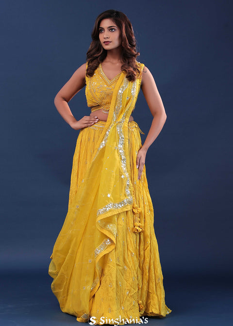 <img> Cyber Yellow Crushed Georgette Lehenga Set With Organza Dupatta