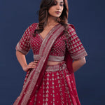 Maroon Raw Silk Lehenga Set With Netted Dupatta