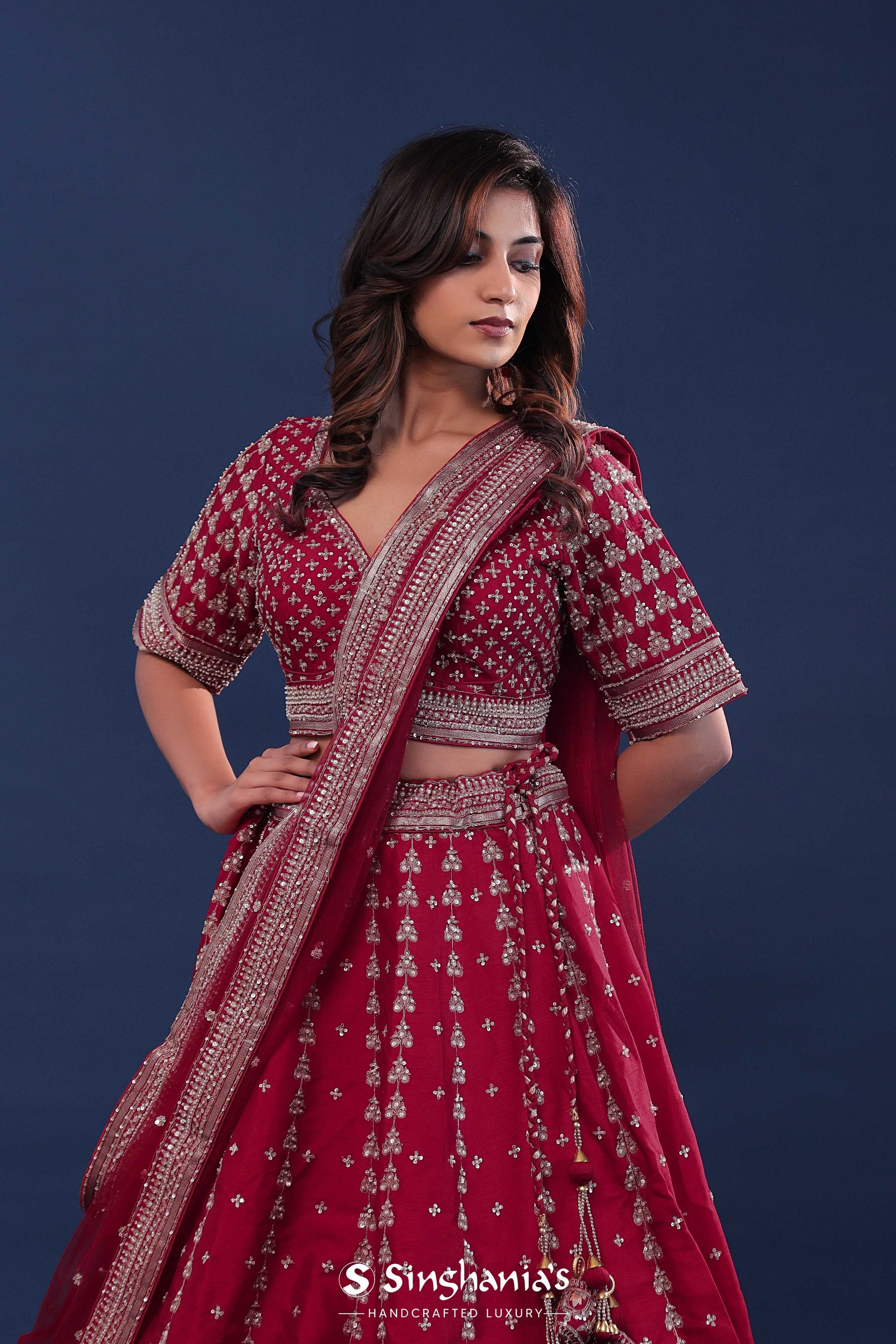 <img>  Maroon Raw Silk Lehenga Set With Netted Dupatta